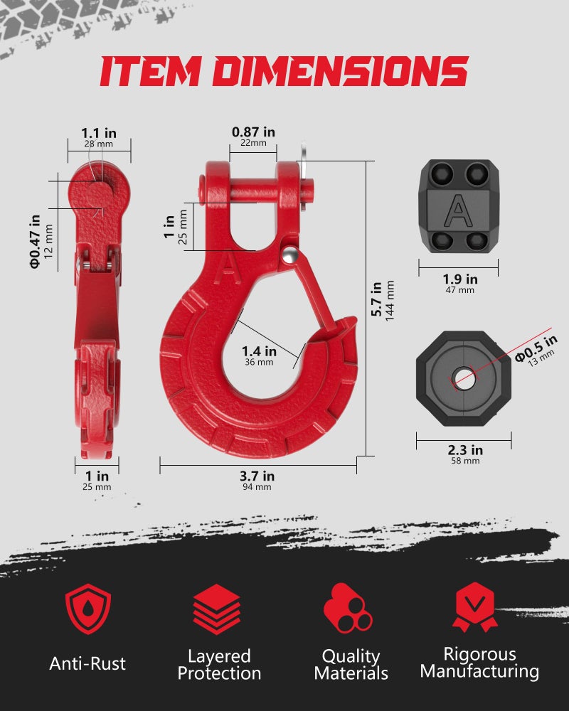 AMBULL 3/8" Winch Hook & Winch Cable Hook Stopper Sets, Heavy Duty Grade 70 Forged Steel Recovery Hook with Safety Latch, Included Allen Wrench,Max 37,478 Lbs, Red - Image 4